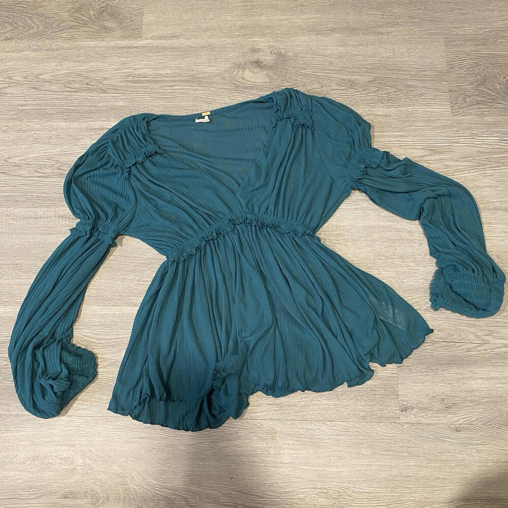 Free People Women's Day Dreaming Top Teal Night Size Small V Neck Babydoll
